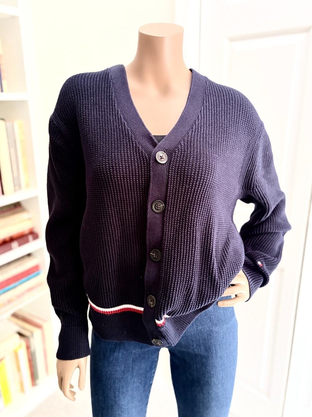 Cardigan Sweater Navy Tommy Hilfiger Womens Medium Ribbed Knit Preppy Button